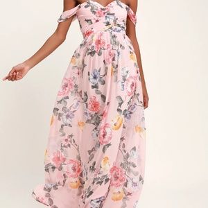 BLUSH FLORAL PRINT OFF-THE-SHOULDER MAXI DRESS